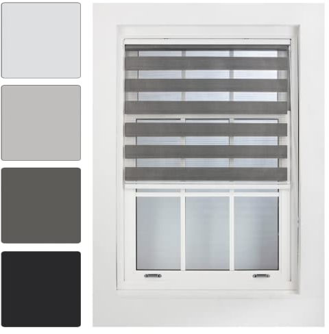 MÖBLIERTE Tag- und Nachtrollos – Zebra-Rollos mit gedämpfter oder lichtdurchlässiger Sicht für Fenster und Türen – zweilagiger Stoff, Dunkelgrau, 115W x 165H cm