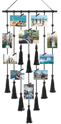 LbsAMP Foto hängendes Seil Makramee Wandbehang Hängender Fotowand mit 30 Holzklammern selbstklebender Haken Boho Deko Chic Gewebte Tapisserie Fotohalter für Wohnkultur Hochzeitsfeier Fotoseil 43x108cm