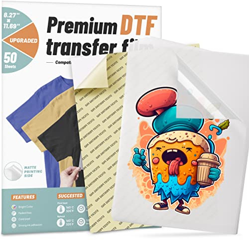 KASYU Película de transferencia DTF, 50 hojas de papel DTF de 8.5 x 11 pulgadas con almohadilla de impresión inteligente para todas las impresoras de sublimación y DTF, película DTF para hack de