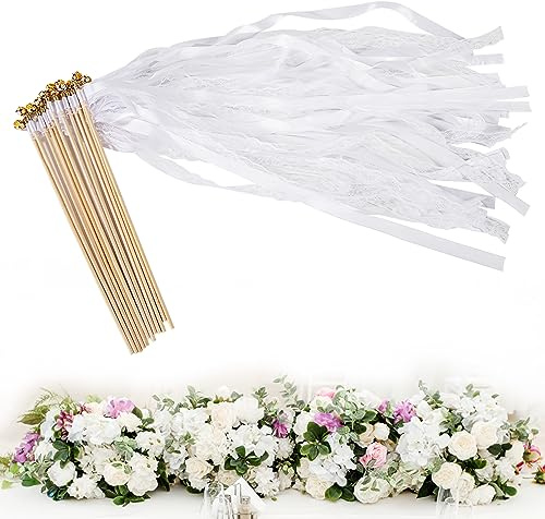 Wedding Wands mit Glöckchen und Hochzeitsbändern 12 Stück Feenstäbe Ribbon Zauberstäbe für Hochzeit Weihnachten Party Weiß