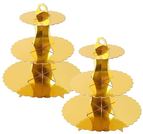Soleebee Alzata per torte in cartone, a 3 piani, espositore per cupcake, torrone, dolcetti, muffin, accessori per feste per compleanno, matrimonio, festa, torte, panini (2 pezzi, oro)