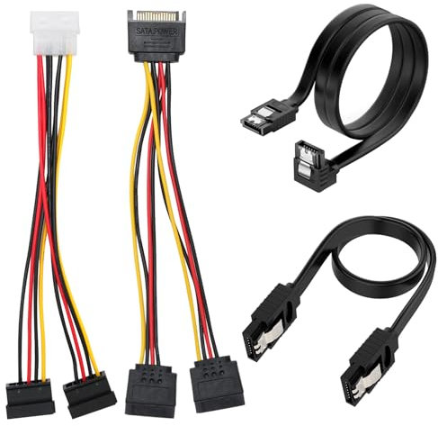 4 Pcs SATA Cables Kit, Comprehensive SATA III Data Power Cables for HDD SSD Right Angle Straight, Sata Power Splitter Male to Female Cable Mounting Kit Durable Compatible for All SATA Device Needs