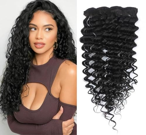 Unipearl Deep Curly Clip in Extensions Echthaar，50cm 20 Zoll 8PCS 120g Natürliches Schwarz Haarverlängerung für Frauen Water Wave Remy Hair Extensions Clip in