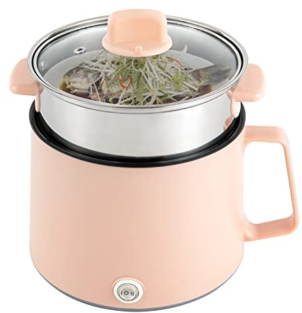 Fermoirper Cazo eléctrico con tapa de cristal, 1,7 L, olla pequeña y eléctrica, con tapa de cristal, 300-600 parámetros para estudio/casa/viajes, color rosa