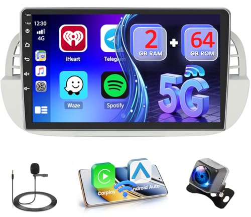 HiFi+64G Autoradio Android per Fiat 500 500C 2007-2015, Schermo Tattile 9 Pollici Autoradio Bluetooth con Wireless Carplay Android Auto Bluetooth FM/RDS Navigatore GPS WiFi SWC AHD Retrocamera