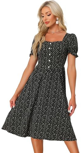 Allegra K Blomklänning för kvinnor, fyrkantig hals, knappdekor, puffärmar, midiklänning, svart, XL