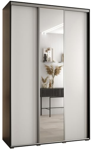 MEBLE KRYSPOL Cannes 3 Moderner Schrank mit 3 Schiebetüren mit Stange, Regalen und Spiegel - Aufbewahrungsschrank für Schlafzimmer, Wohnzimmer - 205,2x150x45 cm - Schwarz Weiß Silber