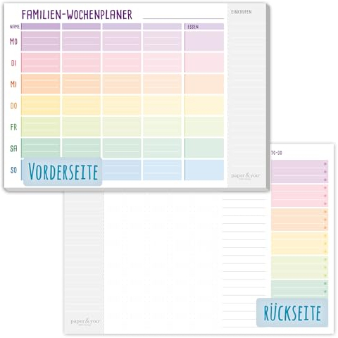 paper&you® Familien-Wochenplaner Block A4 Rainbow 4-spaltig, 50 Blatt - Familien-Planer mit Essensplan, Einkaufsliste, viel Platz für Notizen & To-dos - nachhaltig & klimafreundlich