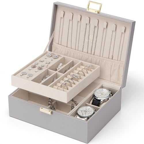 Vlando Schmuckkästchen für Damen Mädchen, 2 Ebenen Schmuckaufbewahrung PU-Leder, Schmuckkasten, Schmuck Organizer Damen, Schmuckschatulle, Uhren Aufbewahrung, für Ringe Ohrringe Halsketten, Grau