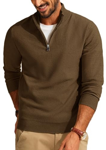PJ PAUL JONES Men's Troyer Pullover 1/4 Zip Fine Knit Winter Jumper Long Sleeve Texured Jumper with Stand-Up Collar, coffee, M