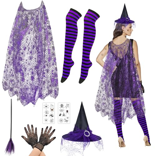 Abitoncc Disfraz de Bruja de Halloween para Mujeres Adultas Con Capa de Telaraña, Sombrero, Escoba y Medias a Rayas