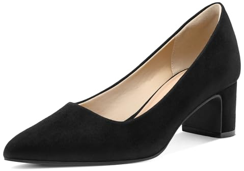 mysoft Women's Pointed Toe Pumps 2 Inch Chunky Block Low Heels Dressy Shoes Slip On Pumps Black Suede