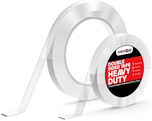 FIXCHORD Ruban Adhésif Double Face Extra Fort, Ruban Adhésif Double Face en Acrylique Imperméable et Transparent, Ruban Adhésif Amovible pour Murs/Moquettes/Tapis de, 4mL*1mmT+3mL*2mmT