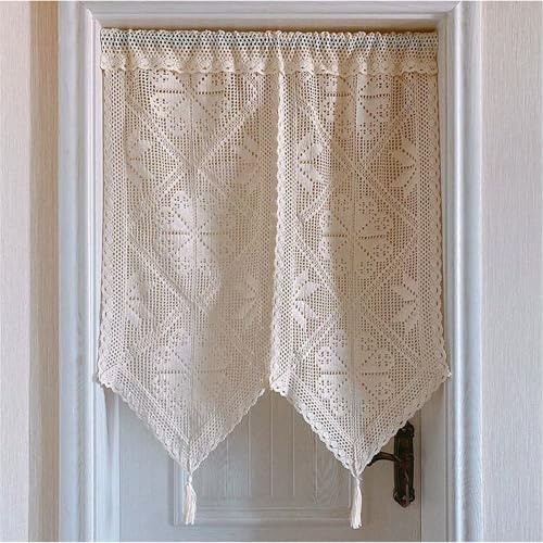 champracer Häkelgardine Landhausstil, Scheibengardine Bistrogardine Landhausstil Vintage Halbe Gardinen Fenster, Weihnachten Scheibengardinen Leinen Boho Küchengardinen Mit Fransen (BxH 130x70 cm)