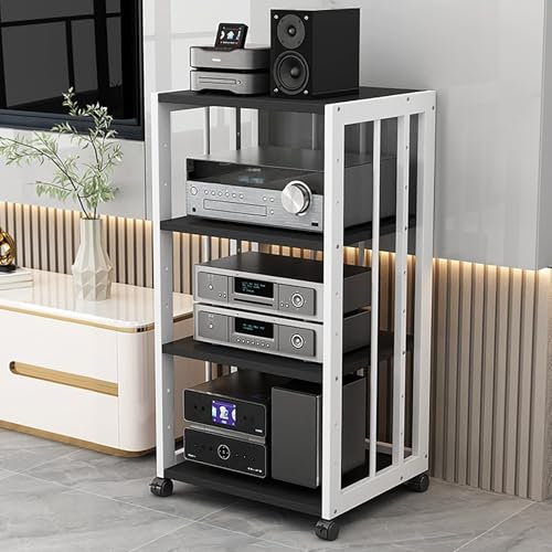 JIAOCKJIAO Audio Rack Hi Fi Regal, Beweglicher Phonoschrank, Record Player Stand mit Verstellbaren Regalen, Offener Plattenspieler Regal, mit Universalrad, Stahlrahmen(White+Black,4 Tier 50x40x89cm)