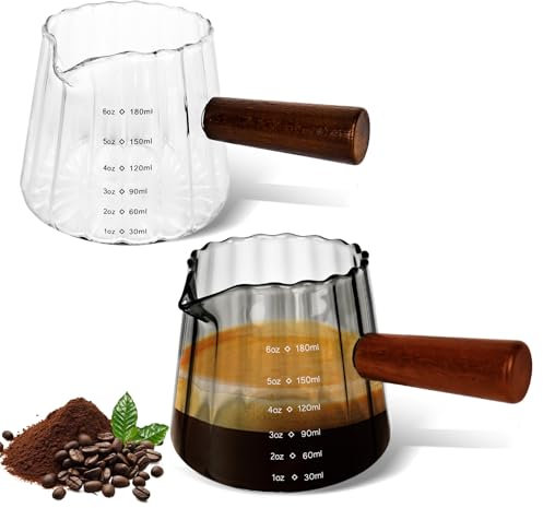 YYTECH 2 pezzi Bicchiere Dosatore per Caffè Espresso con Manico in Legno, Caraffe Dosatrici da 180 ml/6 once Bicchiere per Caffè Espresso Piccolo Tazzine da Caffè al Latte con Bocca a Forma di V