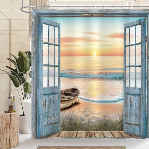 Dazzlewall Cortina de Ducha Playa Oceánica, Escena Costera Puerta de Madera Vintage Amanecer Atardecer Impermeable 180x180cm, Antimoho Tela con 12 Ganchos