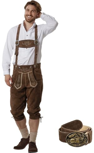 dressforfun, Pantaloni Lunghi in Pelle Uomo, Lederhosen Oktoberfest, Costume Bavarese, Pelle Bovina Resistente, con Bretelle e Cintura, Ricami Tradizionali, Bottoni Osso, Trachten - Marrone Scuro, 48