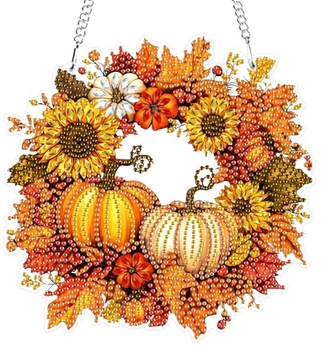 MXJSUA Halloween Kürbisse-Kranz Diamond Painting Anhänger, Diamond Painting mit Kette Erwachsene Diamant Painting Fensterbilder Hängende Ornament Bastelset Set für Wand Und Eingang Decor 19.4x19.6CM
