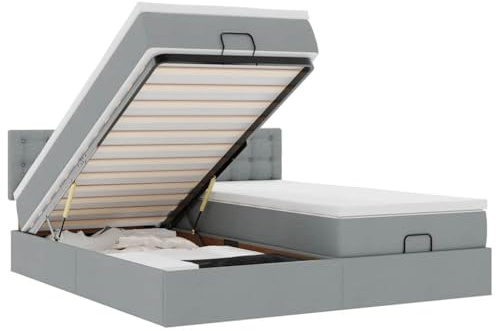 Eleganz Ottoman-Bett mit Matratze & s 160x200 cm Stoff – Modernes Schlafzimmer-Himmelbett mit Stauraum für kleine Räume, Hellgrau