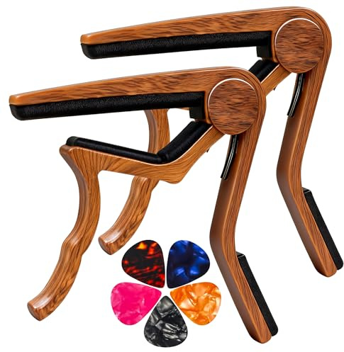 Kapodaster für Akustik- und E-Gitarren, Akustikgitarre, Kapodaster für Akustikgitarre, 6 Saiten, 2 Packungen mit 5 Plektren (Holz)