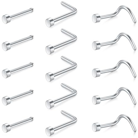 Crdifu 15 st rostfritt stål nässkruv knopp näsben L-form 18 g/20 mätare silver med kulände platt rygg näsborre piercing smycken