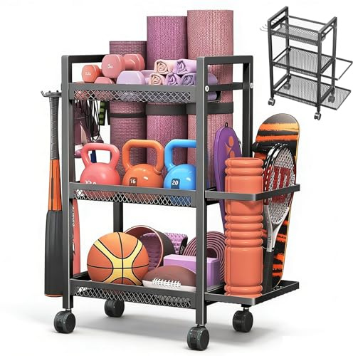 Estante para mancuernas, organizador de almacenamiento de gimnasio en casa resistente con 4 ruedas y 6 ganchos, soporte para equipo de fitness para mancuernas, pesas rusas, esterilla de yoga, rodillo