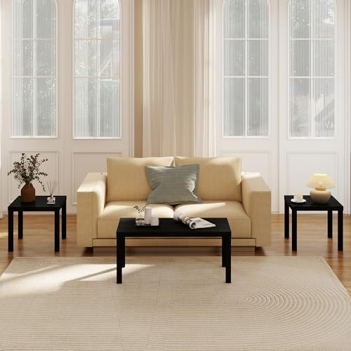 Modern 3 Piece Coffee Table Set, Rectangle Coffee Table with 2 Wood End Tables Thick Frame Living Room Table Sets for Small Spaces