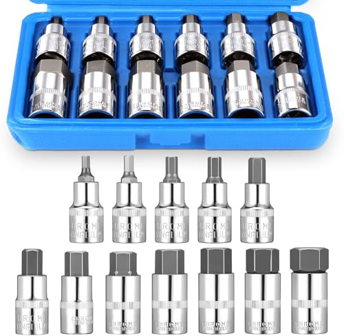 Faankiton 12PCS Jeu de Clé à Douille Hexagonale, Jeu de Douilles à Six Pans Creux 1/2 5-22mm CR-V Douille Allen 5, 6, 7, 8, 10, 12, 14, 16, 17, 18, 19, 22 mm Jeu de Embouts Douilles Hexagonales 1/2''