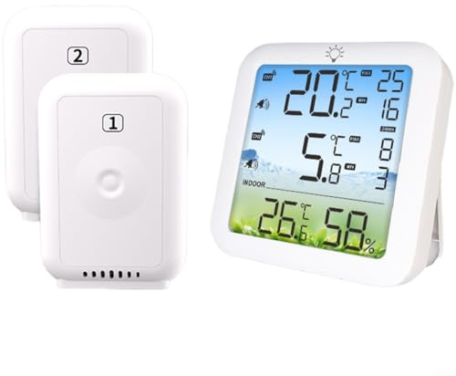 Digitales Kühlschrankthermometer mit 2 Sensoren, kabelloser Temperatur- und Feuchtigkeitsmonitor für Kühlschrank und Gefrierschrank, Farbdisplay mit Alarm