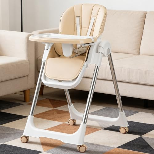 Verdego Hochstuhl Baby, Kinderhochstuhl Klappbar mit Doppellagigem Essteller, Höhenverstellbar, 5 Punkt Gurt, Babystuhl Verstellbare Rückenlehne, Mitwachsend ab 0 bis 36 Monate, Beige