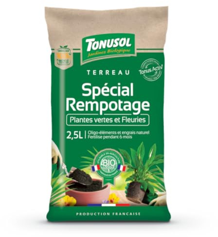 Terreau Rempotage 2,5L TONUSOL – Plantes Vertes et Fleuries, Fertilisation 6 Mois, Économie d’Eau, Utilisable en Agriculture Biologique, Fabriqué en France