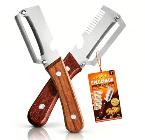 5 en 1 Éplucheur de légumes multifonction pour la cuisine avec lame en acier inoxydable ultra-aiguisée et manche en bois ergonomique, Décapsuleur, Écailleur à Poisson et Coupe-Oignon (Thickened-Mix)