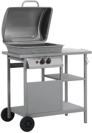 Gas BBQ Grill with 3-Layer Side Table, Black and Silver, Large Cooking Surface, Powder-Coated Steel and Stainless Steel Body, Two Wheels for Easy Mobility