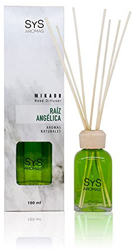 SYS Aromas Ambientador Mikado Raíz Angélica - Difusor con 8 Varillas de Ratán - Larga Duración - Marmol Collection - Ideal para Hogar, Oficina, Baño - 100 ml