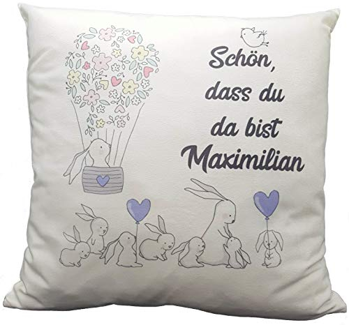 Kilala Personalisiertes Namenskissen Geburtskissen Kissen zur Geburt oder Taufe Junge Kuschelkissen Babykissen Hasenkissen Farbe blau/grau