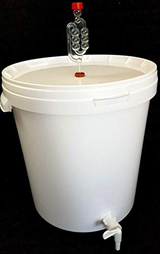 sil2018 Großer Gärbehälter 33 Liter für Bier oder Wein mit Ablasshahn und Gärröhrchen Gäreimer (Weiß 33 l)