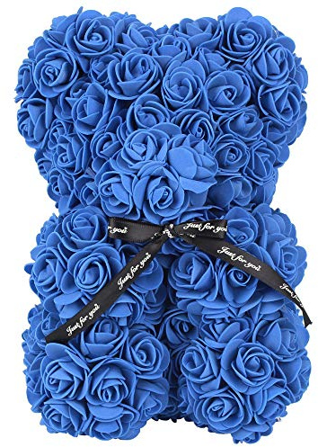 FeiWen Rosenblumenbär 10 Zoll Teddybär Künstliche Blumen Muttertag,Valentinstag, Jubiläum Mit Brautdusche (Blau)