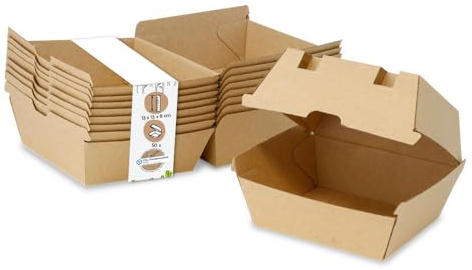 GREENBOX Take Away Burger Box 50 stycken I robusta hamburgarlådor med högt gångjärnslock I hamburgarlåda av kraftkartong I stabil To Go Burger förpackning 13 x 14 x 8 cm I biologiskt nedbrytbar