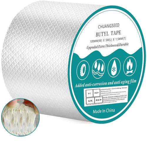CHUANGSEED Butyl tape 1.5mm x 10cm x 5m RV Rubber Roof Flashing Tape for leaks sealant Leak Proof Butyl Seal Strip, Repair for Boat, Roof, tent repair Butyl Waterproof Tape