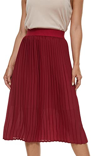 TEERFU Womens Ladies Summer Boho Pleated Skirt Casual Chiffon High Waist Elastic A-line Midi Long Skirts (Wine Red, 14)