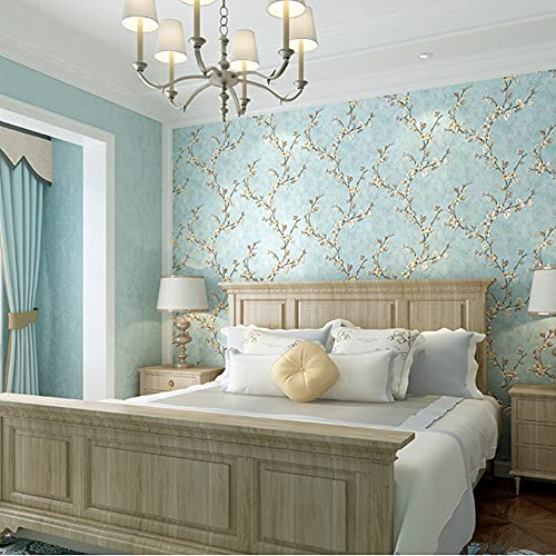 MEAIHOME American Country Non-Woven Wallpaper 3D Retro Pastoral Flower Tree AB Version with Bedroom Living Room Children's Room TV Background Wall 1.73'W x 32.8'L Non-Pasted (Light Blue A)