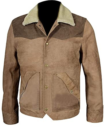e_Genius Veste en daim jaune style cowboy western pour homme avec col en fourrure | Vêtements d'extérieur vintage marron pierre, Veste en daim marron, 3XL