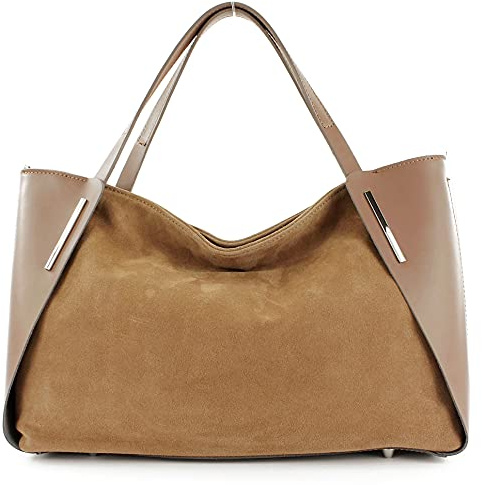 modamoda de - T126 - ital. Shopper Tragetasche Leder/Wildleder, Farbe:Blassbraun