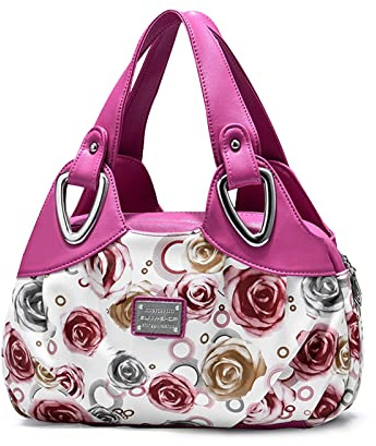 NICOLE & DORIS Bolso de Mujer de Mano Hombro Bolso de Moda Bolso de Las Señoras PU Cuero Bolso Mujer Bolsos de Fiesta Grande Bolsos de Bonitos con Estampado de Flores Rosa Roja/Rosa