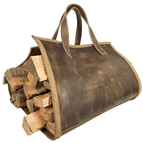 Toolshed Hide, Rustic Firewood Carrier with Handles, Foldable Log Bag, Fireplace Wood Stove Accessories, Full Grain Leather, Handmade, Bourbon Brown
