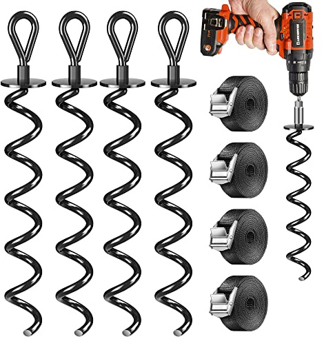 STURME Lot de 4 ancrages au sol pour trampoline, balançoire, tonnelle, tente de fête, ancrage au sol, ancrage au sol en acier de 1 cm de diamètre à visser, coupe-vent et durable.