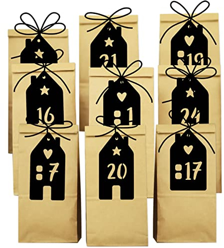 Papierdrachen DIY Adventskalender 2025 zum Befüllen - 24 braune Geschenktüten und 24 schwarzen Etiketten - Motiv Häuser - zum Basteln und Verschenken - Set 2
