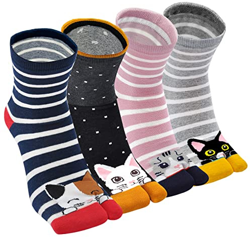 ZFSOCK Calcetines Tabi Dedos Mujer: Divertidos Flip Flop Calcetines De Dos Dedos Algodón Casual Pulgar Separado para Geta Kimono Chanclas Estilo Japonés Patrón De Gatitos-4 Pares 35-41