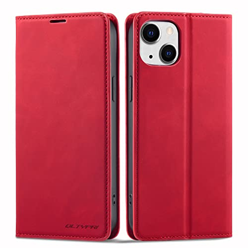 QLTYPRI Hülle für iPhone 14 6,1 Zoll, Premium Lederhülle, Rot | Retro PU Leder Klapphülle, Handyhülle mit 3 Kartenfächer, Standfunktion, Weicher Dünne TPU-Rahmen, Stoßfeste Flip Wallet Case